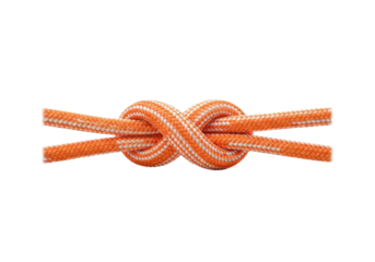 Isolated orange rope is tied in an overhand knot, a simple binding knot for fastening ropes