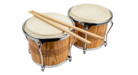 Isolated pair of bongo drums, percussion instrument with wooden finish and drumsticks
