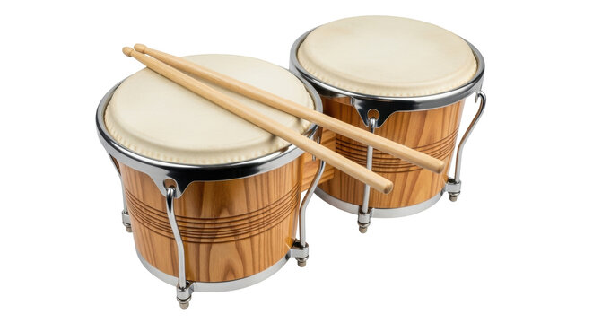 Isolated pair of bongo drums, percussion instrument with wooden finish and drumsticks