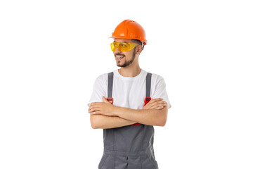 Man in safety helmet and glasses poses confidently, isolated, PNG