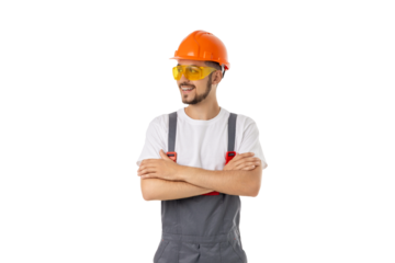 Man in safety helmet and glasses poses confidently, isolated, PNG
