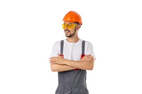 Man in safety helmet and glasses poses confidently, isolated, PNG