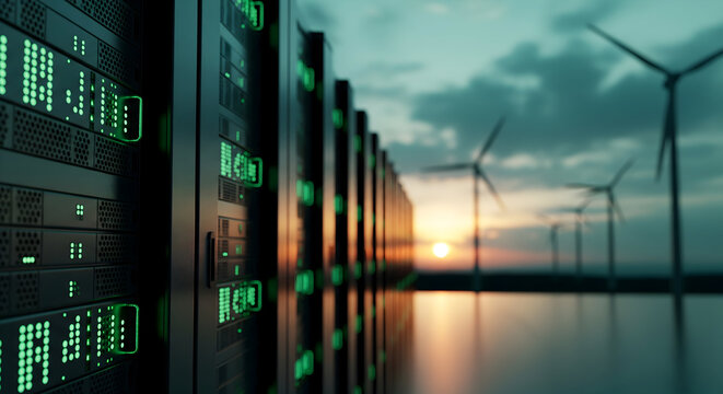 Modern data center servers with wind turbines at sunset symbolize renewable energy and sustainable technology solutions for cloud computing and innovative infrastructure - Powered by Adobe
