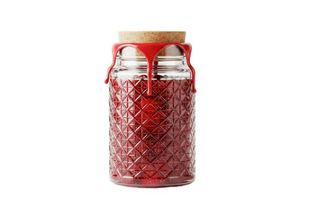 Isolated jar of red homemade jam with cork lid and drips – sweet delicious and natural