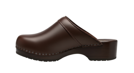 Isolated brown leather clog or mule shoe footwear with a platform and heel, side view