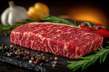 Delicious marbled steak with seasoning and fresh herbs on a black plate