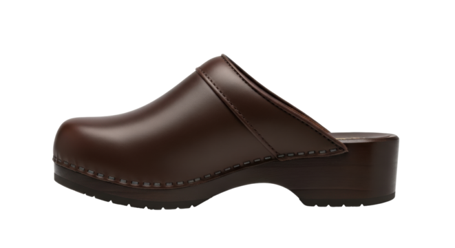 Isolated brown leather clog or mule shoe footwear with a platform and heel, side view