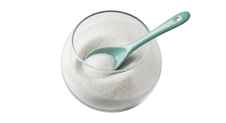 Isolated sugar bowl with spoon filled up to the top ready for use in food preparation