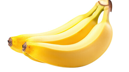Three ripe yellow bananas sit together on a white surface, perfect for snacking or adding to recipes.