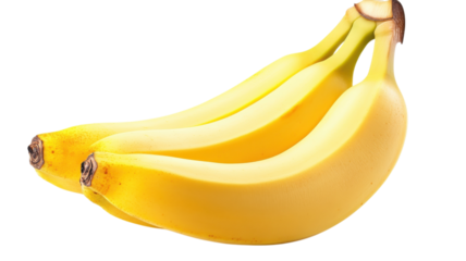 Three ripe yellow bananas sit together on a white surface, perfect for snacking or adding to recipes.