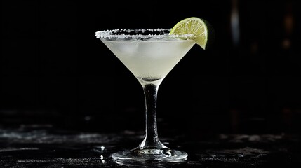 Classic margarita cocktail with salt rim and lime wedge served in a martini glass against a dark background