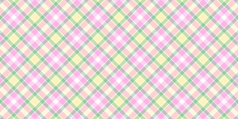 Seamless pastel pink, green, and yellow diagonal gingham plaid pattern background. Cheerful spring textile design for fabric, Easter, baby shower, or graphic use.