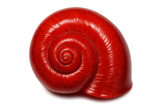 Red snail shell showing a perfect spiral shape and vibrant color, creating a striking visual, transparent background