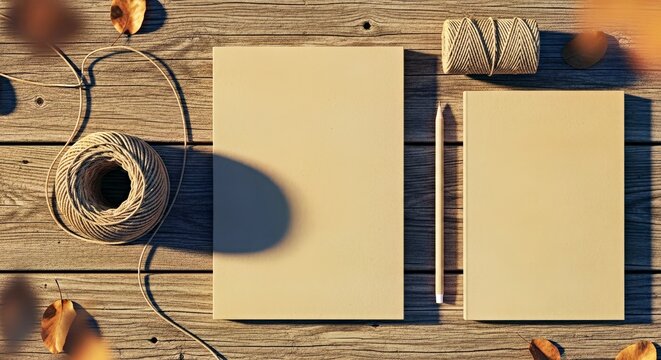 Creative Workspace with Blank Cards, Notebook, String, and Pencil