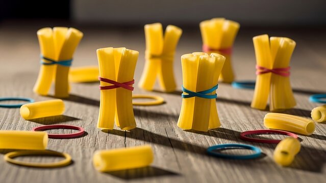 Bundles of uncooked pasta tied with colorful rubber bands.