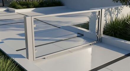 Luxury empty swimming pool in a new building's garden with glass architecture, a stunning water view, and no people