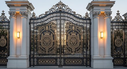 An ornate European architecture wrought iron gate at the entrance to the Royal Palace in Madrid, Spain