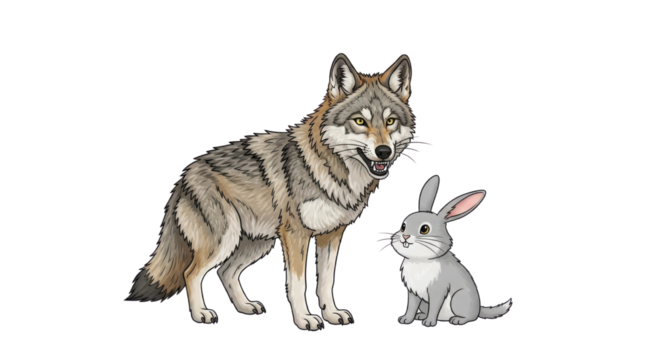 Grey wolf and small rabbit isolated PNG with Transparent Background - Powered by Adobe