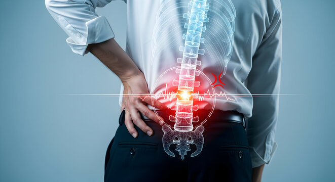 Back pain relief concept showing spine with inflammation and discomfort, perfect for healthcare marketing and wellness campaigns highlighting chiropractic care and physiotherapy