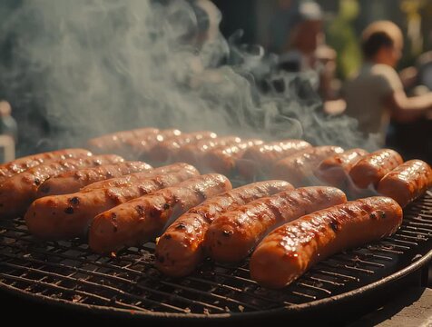sausages cooking on a grill with smoke coming out of them