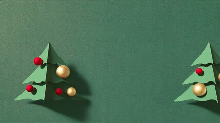 Minimalist Christmas tree with red and gold ornaments, green background, banner template with space to add text, perfect for card or social media posts in a minimalist green color scheme.