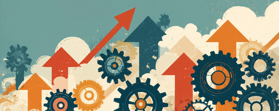 Conceptual illustration depicting gears and upward arrows, representing the mechanics of progress and innovation in business - Powered by Adobe
