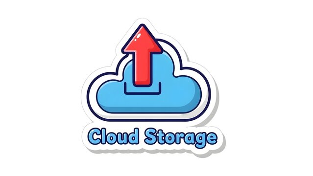 Flat cartoon sticker style icon of a blue cloud with a red upward arrow, symbolizing data upload to online cloud storage and backup services