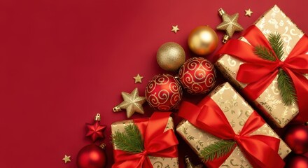 Christmas gift boxes and ornament decoration on red background