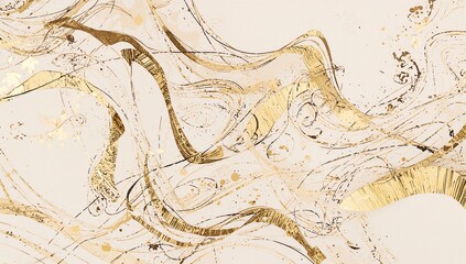 Displaying abstract swirling composition centered on cream paper, featuring gold foil and brown ink