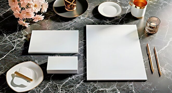 Elegant Desk Setup: Blank Notebooks on Marble Surface with Flowers