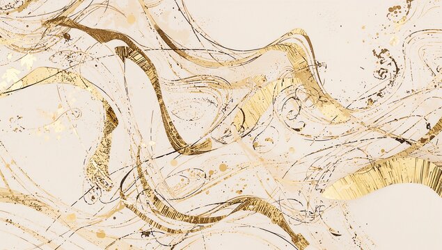 Displaying abstract swirling composition centered on cream paper, featuring gold foil and brown ink