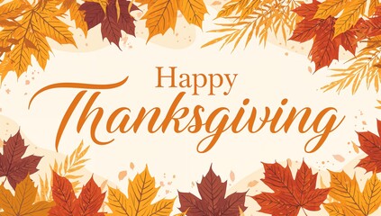 Displaying center script Happy Thanksgiving text on cream panel, framing with leaves and sprigs