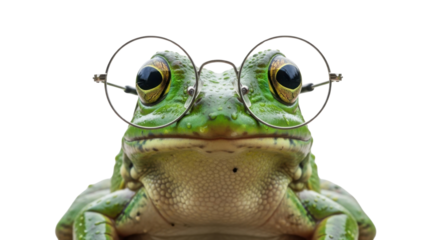Frog wearing glasses looking at the camera isolated PNG with Transparent Background