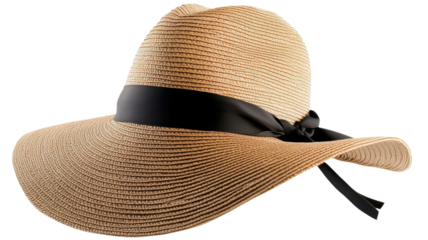 This stylish straw hat features a wide brim and black ribbon, ideal for sunny summer days outdoors.
