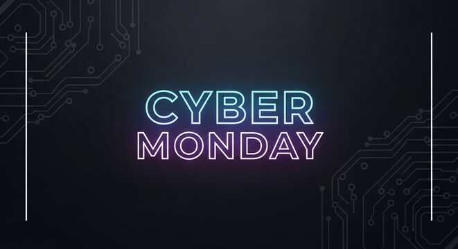 Dark background with circuit board pattern and neon "Cyber Monday" text, representing electronic commerce promotions and online shopping event