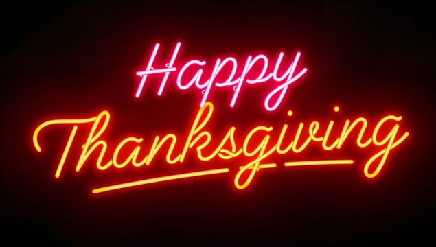 Glowing neon sign casting colorful halo on dark wall, with Happy Thanksgiving script and underline - Powered by Adobe