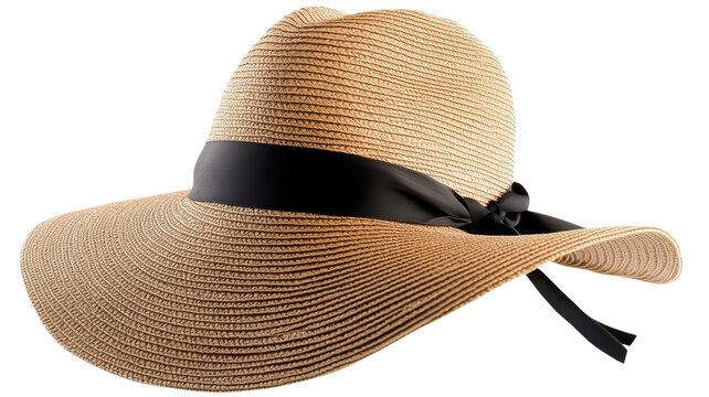 This stylish straw hat features a wide brim and black ribbon, ideal for sunny summer days outdoors. - Powered by Adobe