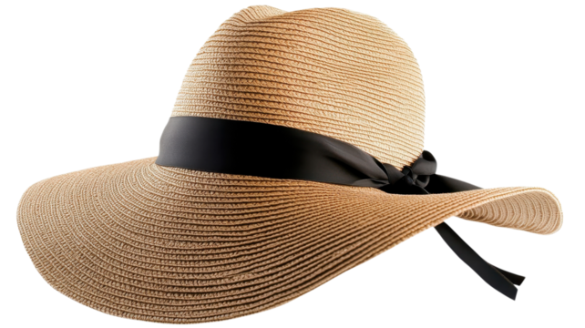 This stylish straw hat features a wide brim and black ribbon, ideal for sunny summer days outdoors.