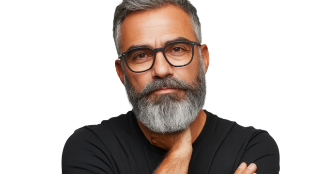 A man with a gray beard and glasses stands confidently with his arms crossed, showcasing a relaxed expression. - Powered by Adobe