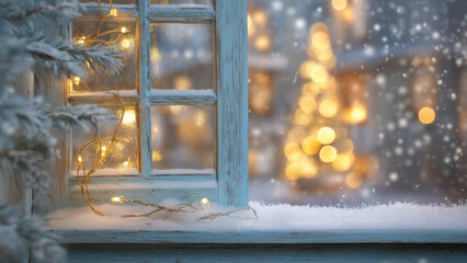Fototapeta premium Snow falls softly by a window with lights, created AI