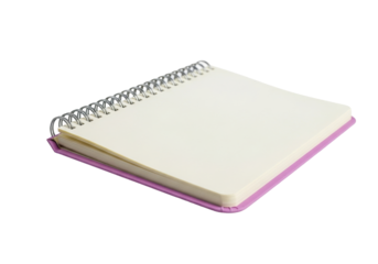 Isolated blank notepad with spiral binding and pink cover on desk for mockup, design
