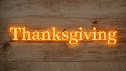 Glowing marquee Thanksgiving sign casting warm amber halo against rustic wooden-plank wall