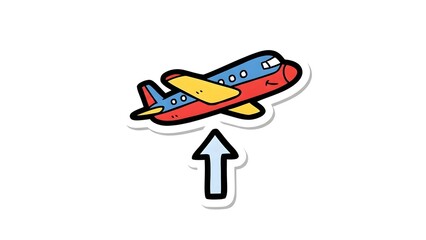 Illustration of a red and blue airplane ascending upwards on a white background, symbolizing travel and flight