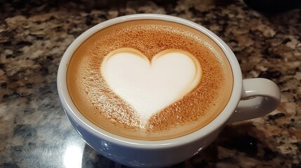 Closeup of a freshly made latte with beautiful white heartshaped latte art on a speckled counter
