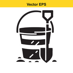 Black silhouette icon of a bucket and shovel for beach or garden work