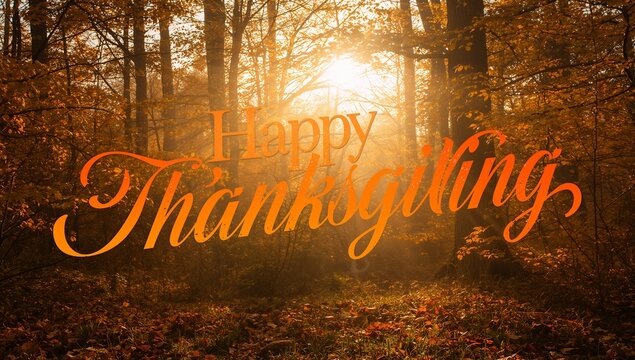 Glowing cursive Happy Thanksgiving overlay blending across sunlit deciduous forest, with sunbeams
