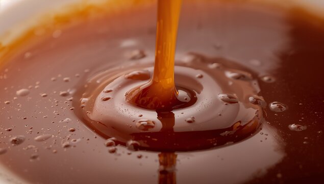 Pouring viscous caramel syrup creating circular depression and ripples on tabletop, with bubbles