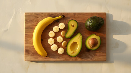 Fresh banana and avocado slices arranged on a wooden cutting board.