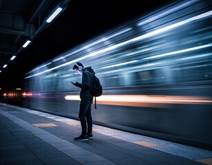 Person Standing Subway Platform Night Looking Smartphone Solitude