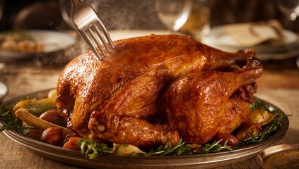 Presenting whole roasted turkey steaming on metal platter at dining table, with carving fork